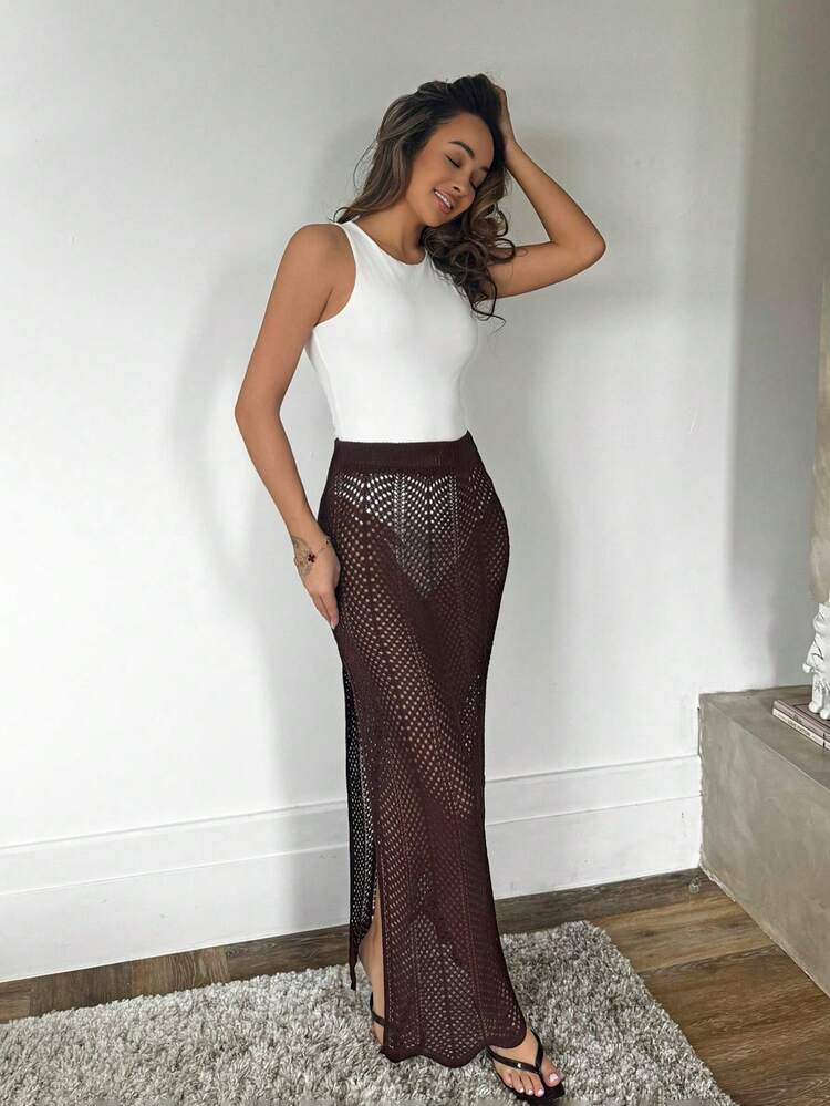 RebeccaVibe 女士纯色侧开衩镂空罩衫裙，适合度假 - 巧克力棕 - 查看 4