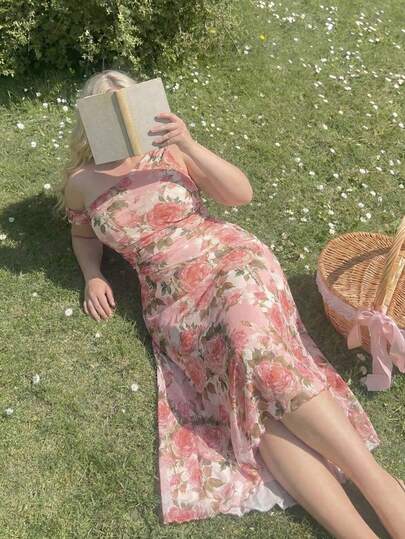 SHEIN MOD Plus Size Asymmetric Shoulder Floral Print Elegant Dress, Romantic For Festivals, Suitable For Spring/Summer Outings And Vacations Valentine's Day Outfit