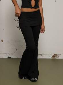 COUREZ 侧边系带喇叭裤 / Y2K 春季女装可爱性感黑色长裤外出派对狂欢夏季长裤 - 棕色 - 查看 2