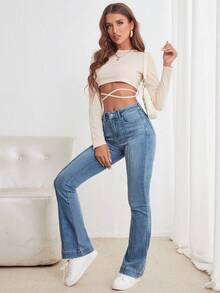 SHEIN PETITE 女士高腰口袋百搭休闲喇叭牛仔裤 - 中等水洗藍 - 查看 5