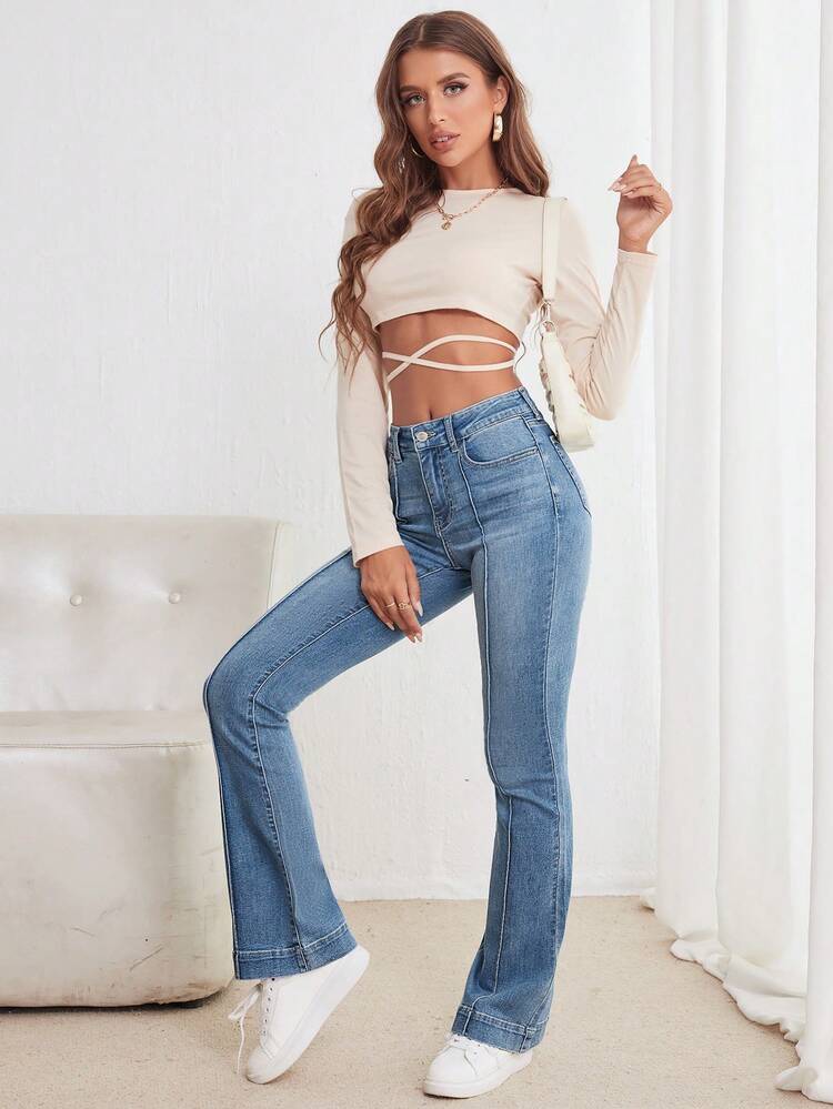 SHEIN PETITE 女士高腰口袋百搭休闲喇叭牛仔裤 - 中等水洗藍 - 查看 5