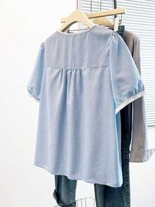 GlowEve CURVE Plus Size Women's Bestselling French Style Round Neck Puff Sleeve Embroidered Short Sleeve Blouse, Delicate Embroidery And Ruffle Design Cardigan, Slimming Fit Top, Suitable For Daily Commute And Outings - Blue and White - View 2