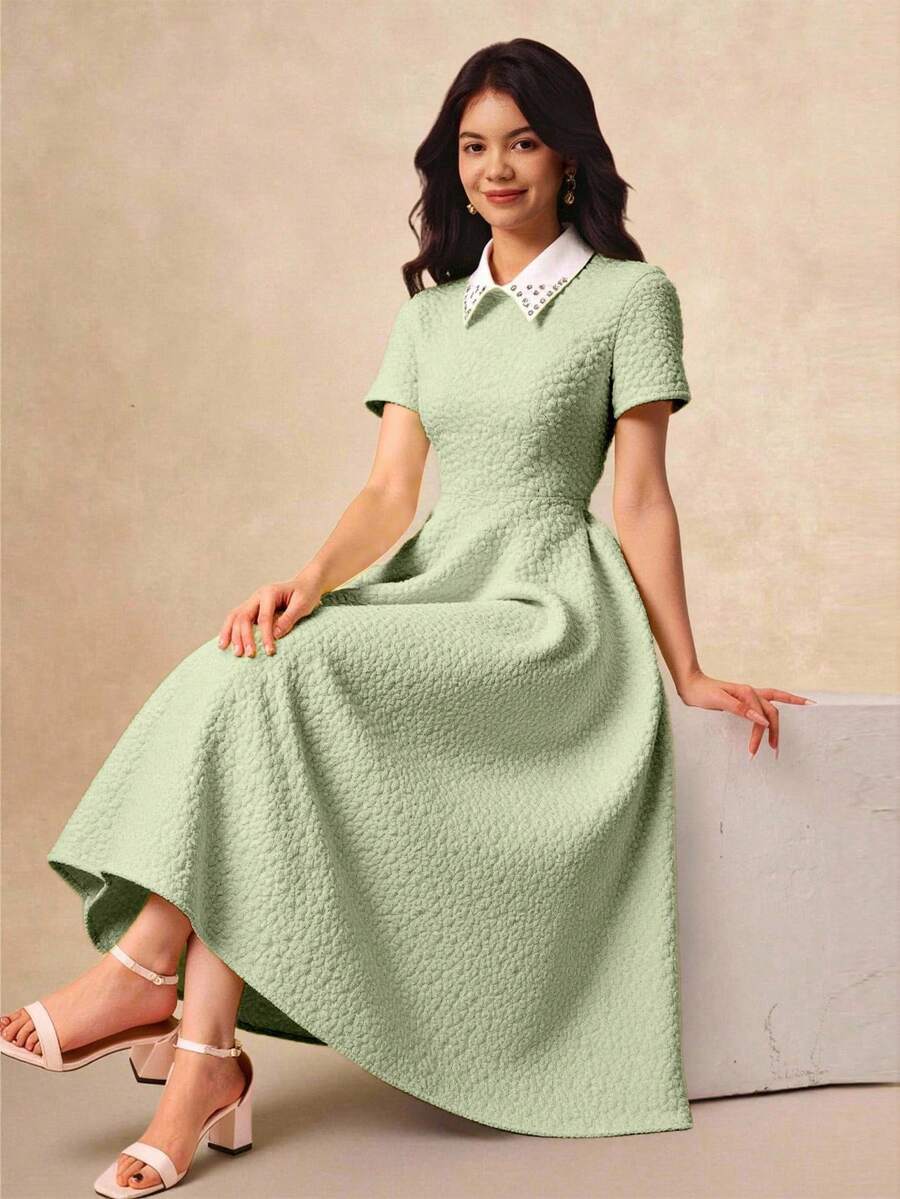 Diamond Collar, Jacquard Textured Woven Fabric, French Style A-Line Maxi Skirt, Elegant High Waist Snug Fit, Fashionable & Graceful For Teenage Girls In Summer - Green - View 1