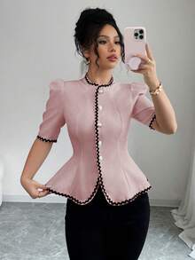 Elenzga 优雅撞色滚边泡泡袖收腰上衣，夏季 - 粉色 - 查看 5