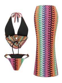 Swim Oasis 夏季海滩度假女士露背吊带特殊面料上衣，侧系带裤子，侧系带泳衣和裙子 - 彩色 - 查看 5