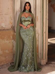 Glamrae 优雅奢华的绿色3D立体花朵串珠弹力针织美人鱼裙，性感无肩带设计，适合婚礼、派对、度假、盛大晚宴等场合（装饰繁复） - 橄欖綠 - 查看 9