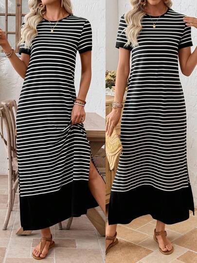 EMERY ROSE Vestido Casual Feminino de Manga Curta com Gola Redonda, Listrado e Bainha com Fenda Lateral