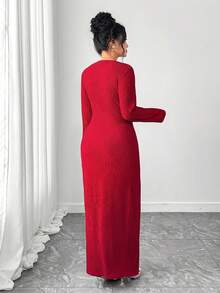Elenzga Plus Size Women Elegant Red Modest Satin Party Dress,Autumn Long Sleeve Minimalist Ribbed Textured Fabric Metal Ring Decor Fitted Commute Daily Gown - Burgundy - View 7