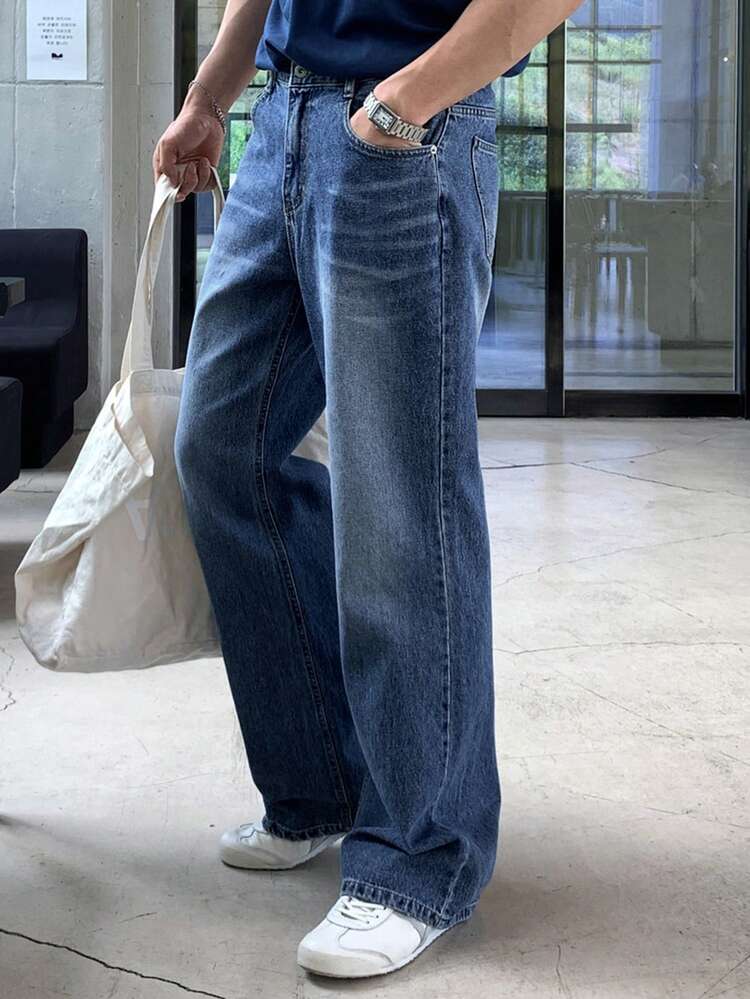 Men's Washed Vintage Blue Long Denim Jeans, Spring