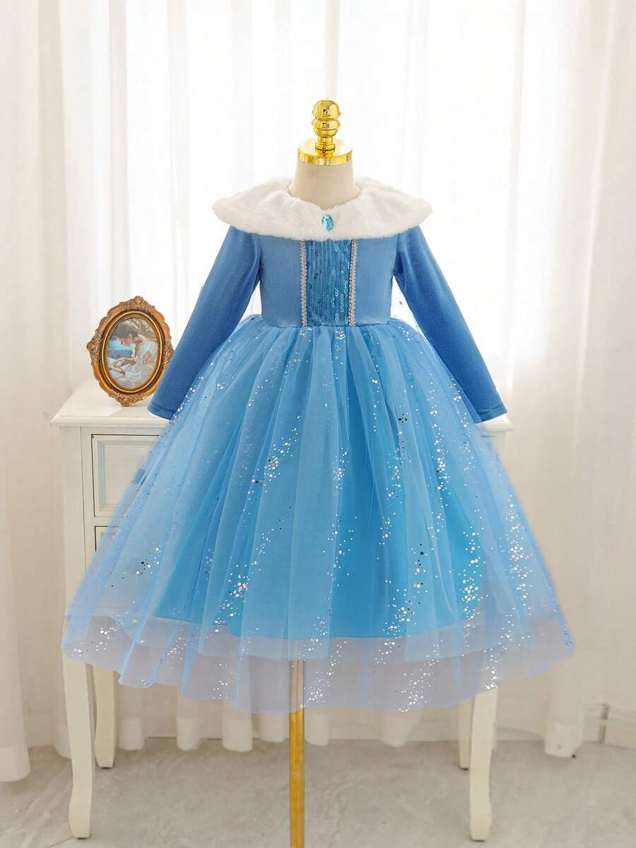 SHEIN Glamorique Kids 女童公主裙，蓝色公主裙，白色毛领，长袖，亮片，披肩，生日派对，婚礼，节日，舞会礼服，优雅正式礼服 - 水鴨藍 - 查看 1