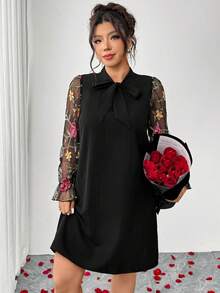 Elenzga Vestido maxi de mujer talla grande con bloque de color de malla floral, cuello en V con lazo, puños con volantes, decoración con cuentas, adecuado para uso diario, Día de San Valentín, fiesta, vestimenta de noche, otoño/invierno - Negro - Ver 4
