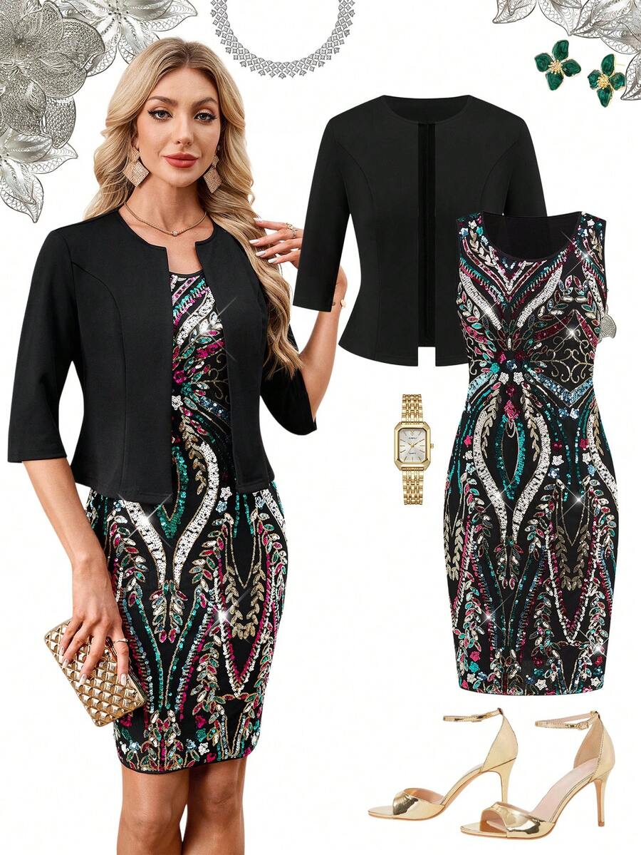 SHEIN Clasi 2pcs/Set Women's Sequin Party Dress And Fitted Short Sleeve Jacket,Summer Clothes,Summer Outfit For Women