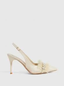 CUCCOO HITCHD Pointed Toe Stiletto Heels Apricot Pearl Chain Mesh Lace Backstrap Women's High Heel Pumps, Wedding, Party, Evening Wear - Apricot - View 2