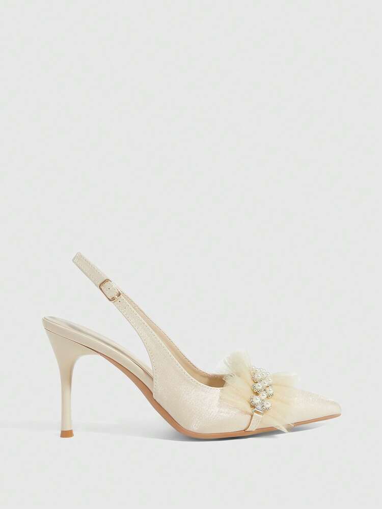 CUCCOO HITCHD Pointed Toe Stiletto Heels Apricot Faux Pearl Chain Mesh Lace Backstrap Women's High Heel Pumps, Wedding, Party, Evening Wear Wedding Shoes Spring Shoes Bride Shoes