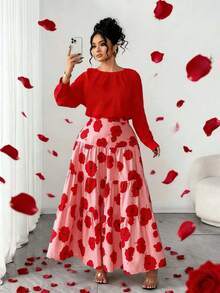 Elenzga Bộ 2 món trang phục thanh lịch và thời trang in họa tiết ngẫu nhiên cỡ lớn dành cho nữ ngày lễ tình nhân - Đỏ - Xem 1