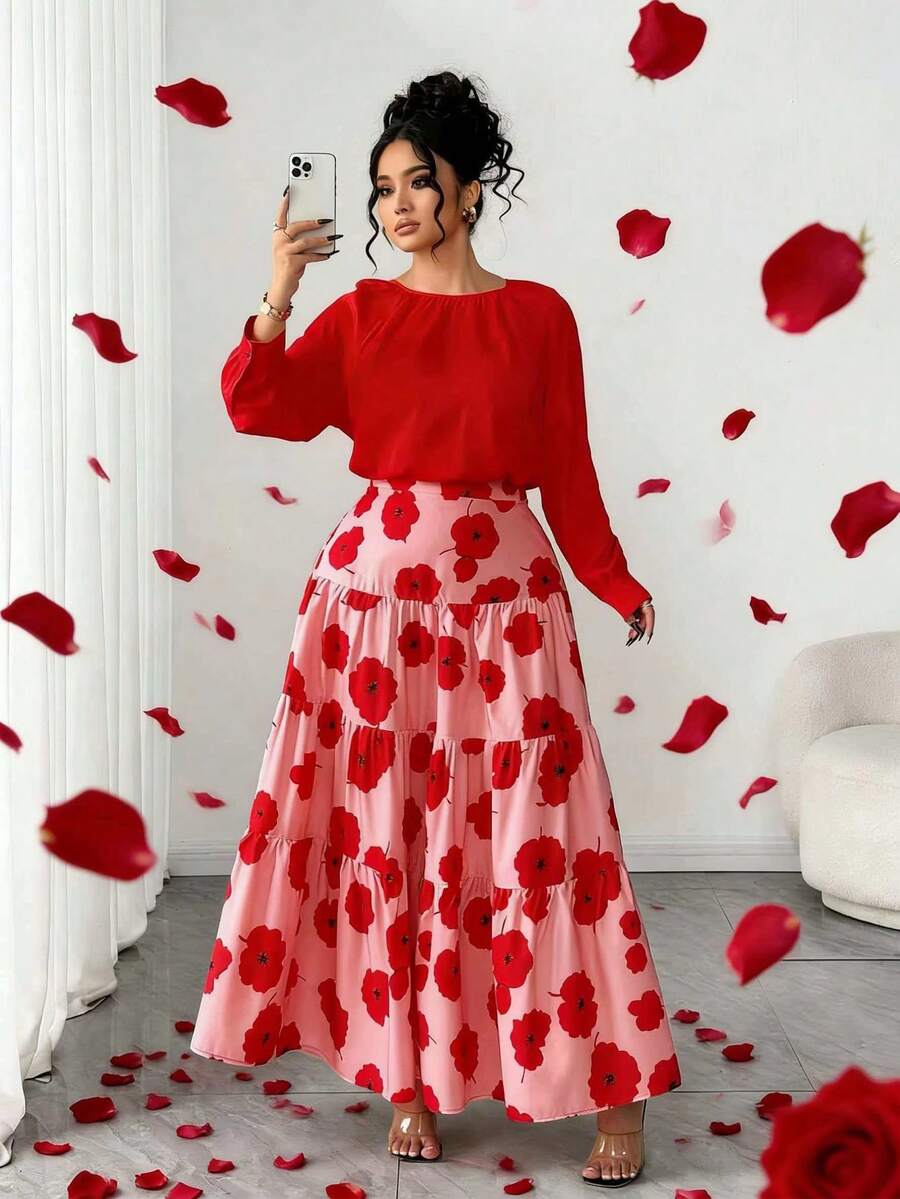 Elenzga 优雅时尚两件套随机印花大码女装情人节套装 - 紅色 - 查看 1