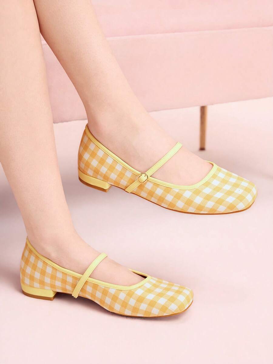 CUCCOO DOLLMOD Giày Mary Jane kẻ caro màu cam cháy dành cho nữ, gót bằng, mũi vuông, kiểu dáng sinh viên, giày Nhật Bản dễ thương, gót thấp, giày mùa xuân, giày đi nghỉ xuân, lễ Phục sinh, giày mùa xuân. - Đốt màu cam a - Xem 1