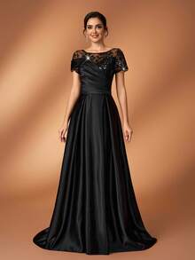 Serin 优雅奢华亮片串珠刺绣蕾丝薄纱袖缎面长裙，适合婚礼、派对、度假、舞会、新娘母亲晚礼服 - 黑色 - 查看 6