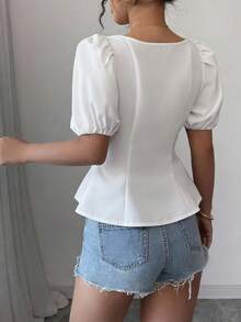 Elenzga Women's Elegant Square Collar Puff Sleeve Cinched Waist A-Line Pearl Button Decorated Blouse, Spring/Summer - White - View 2
