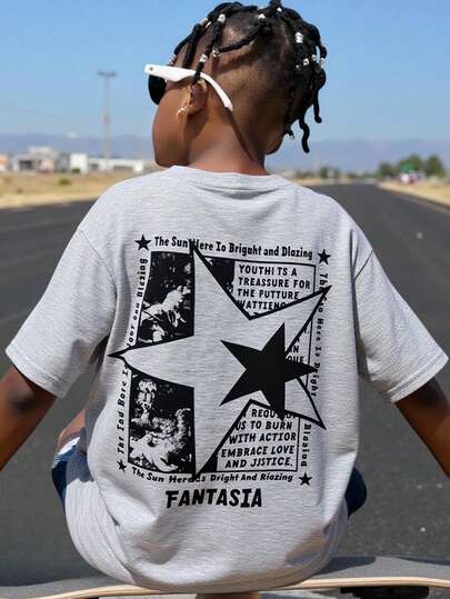 SHEIN Tween Boy Casual Vintage Oil Painting, Classic Print, Abstract Star Graphic On Back, Minimalist Crew Neck Short Sleeve T-Shirt, Suitable For Summer