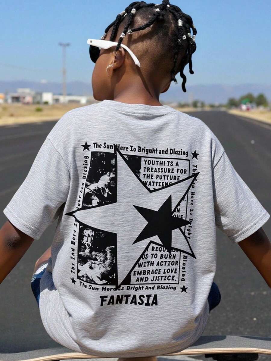 SHEIN Áo thun tay ngắn cổ tròn tối giản dành cho bé trai tuổi teen, phong cách vintage, họa tiết tranh sơn dầu cổ điển, hình ngôi sao trừu tượng ở mặt sau, thích hợp cho mùa hè. - Xám - Xem 1