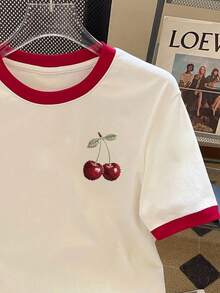 Resyla 女士樱桃刺绣撞色圆领短袖休闲T恤 - 白色 - 查看 3