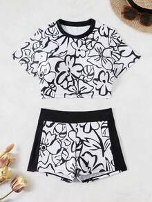 Swim SPRTY Bộ đồ bơi nữ in hoa, áo croptop tay ngắn cổ tròn và quần short đi biển, thích hợp cho kỳ nghỉ biển và lướt sóng, bộ 2 món cho kỳ nghỉ. - Nhiều màu - Xem 4