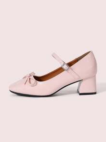 CUCCOO DOLLMOD Women's Light Pink Textured Round Toe Bow Decor Mary Jane Shoes, Sweet & Cute Style For Daily, Dating, Commuting - Pink - View 7