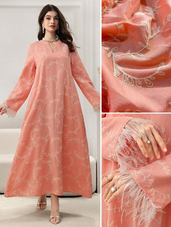 Yasmyna Feather Trim Embroidered Loose Flared Hem Elegant Women Dress
