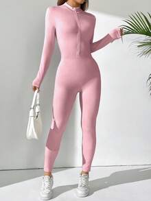 SHEIN PETITE Women's Solid Color Long Sleeve Zip-Up Stand Collar Jumpsuit - Baby Pink - View 5