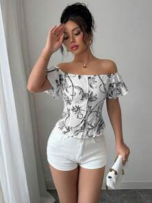 Elenzga Women's Summer Vacation, Floral Print Off Shoulder Ruffle Blouse Off Shoulder Tops For Women Off Shoulder Shirts - Black - View 4