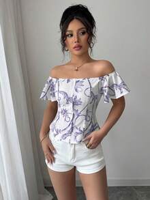 Elenzga 女士夏季度假风印花露肩荷叶边衬衫 - 紫色 - 查看 4