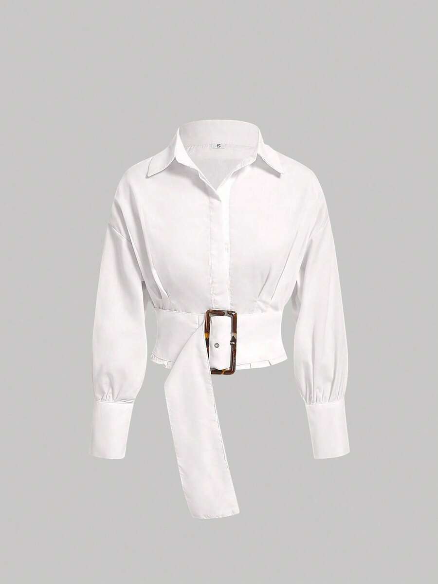 Aveloria Modichic 女士春夏长袖休闲办公衬衫，腰部带扣设计 - 白色 - 查看 1