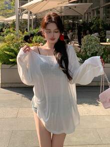 DAZY Áo thun nữ dáng rộng, vai rớt, xẻ tà, màu trơn, thích hợp cho mùa hè. - trắng - Xem 5