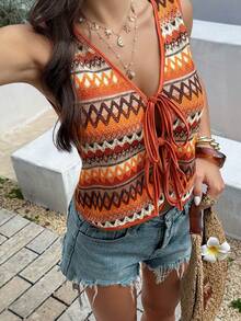 Pariaura 女士休闲性感波西米亚风彩色V领系带无袖背心，夏季上衣，适合海滩度假、春假、音乐节等场合，日常休闲百搭，女士休闲上衣，优雅女士上衣，嬉皮风上衣，波西米亚风夏季上衣，女士波西米亚风上衣，波西米亚风上衣，女士夏季上衣，女士休闲上衣，波西米亚风背心，女士波西米亚风钩针背心 - 彩色 - 查看 3