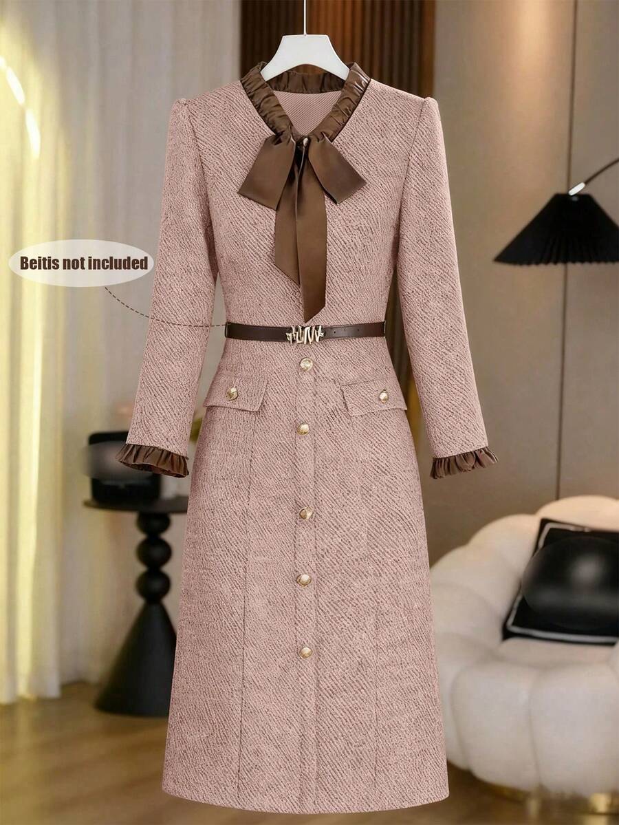 Franclia فستان فاخر للنساء موديل خريف/شتاء 2025، تصميم أنيق مع طوق، رقعات، ربطة عنق، جيب رفرف، أساور مكسرة، إغلاق بأزرار معدنية، مبطن ومريح، مناسب للاستخدام اليومي، متعدد الاستخدامات، للذهاب للعمل أو الحفلات - وردي - مشاهدة 1