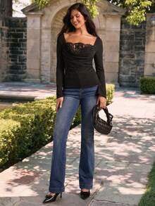 Enchnt Spring Romantic Women's Elegant Fashionable Black Ruffle Collar Lace Patchwork Long Sleeve Blouse, Date&Office&Going Out&Daily Commuting,Black Blouse,Spring Clothes, Black Top - Black - View 8