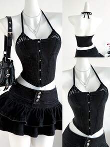 Elamini 女士时尚性感撞色蕾丝吊带牛仔上衣，夏季 - 灰色 - 查看 1