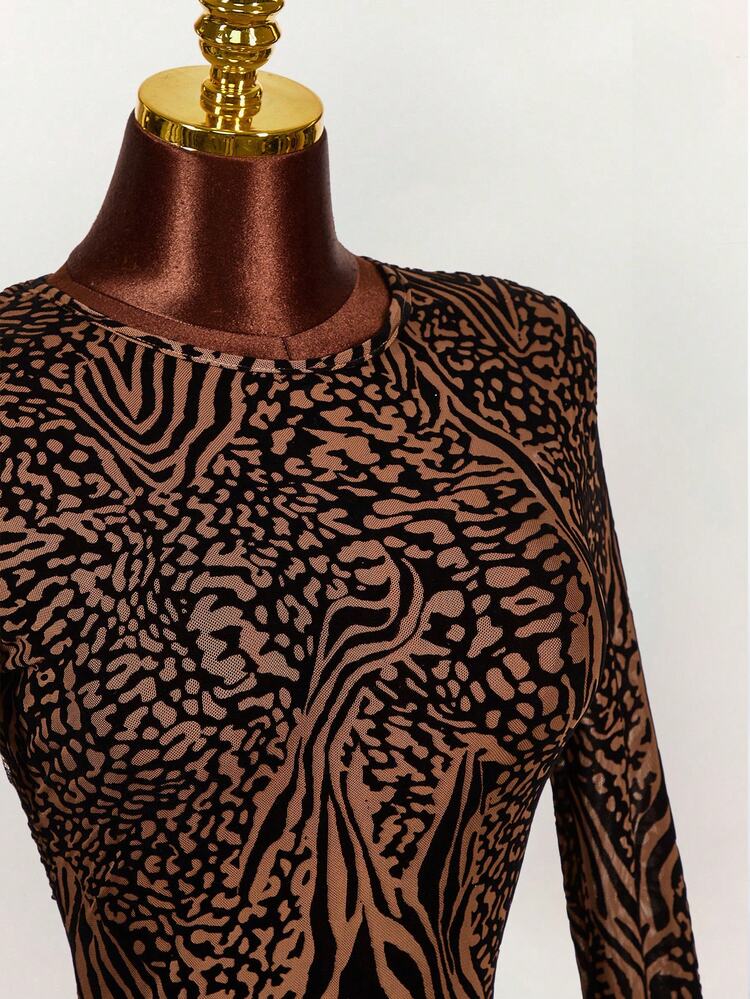 Amplova Women's Mini Dress, Leopard Print Flocked, Sexy Backless, Sheer Mesh Sleeves, Front Slit, Autumn/Winter Leopard Dress Brown Sexy Dress Summer Clothes Women ,Summer Dress - Khaki - View 5