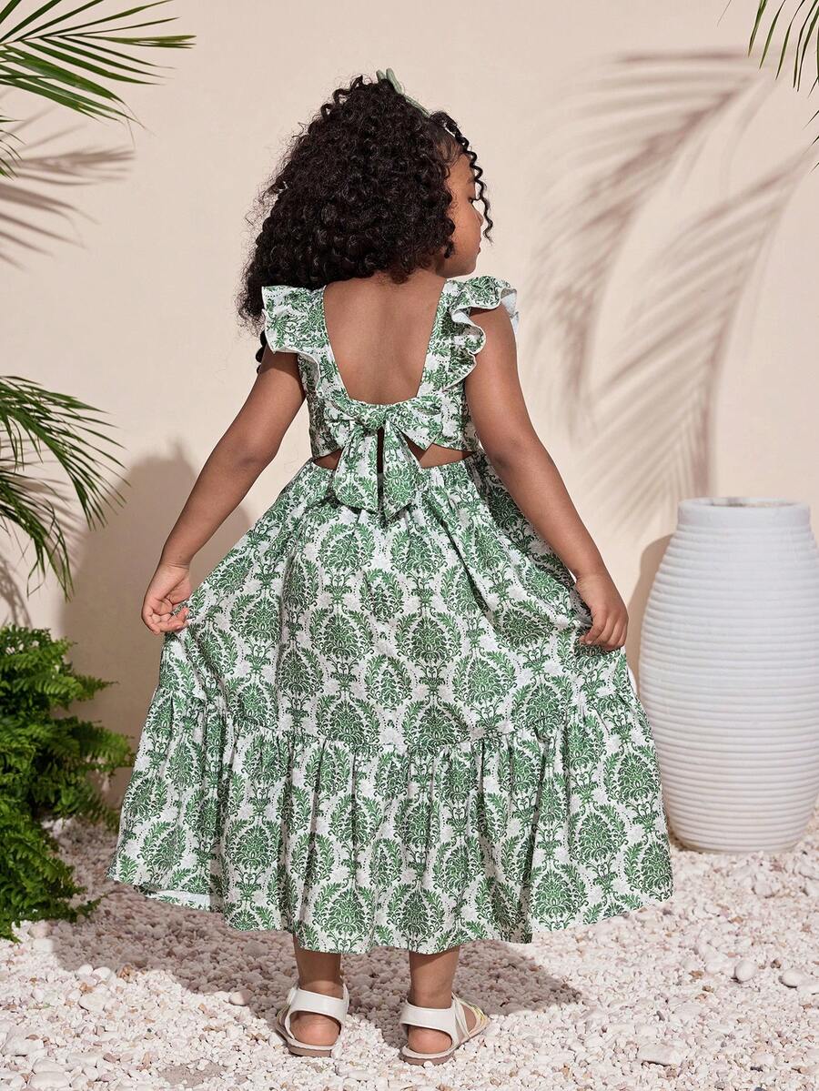 少女碎花收腰长裙，露背蝴蝶结设计，休闲日常百搭，适合外出、派对，也可与姐妹装搭配。 - 綠色 - 查看 1