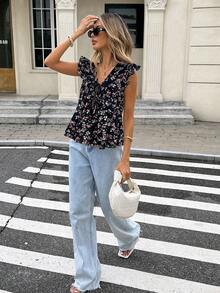 Serisse 女士碎花系带休闲衬衫，喇叭袖 - 粉色 - 查看 6