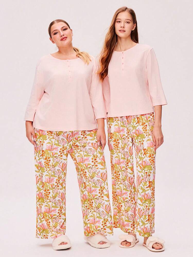 Conjunto de pijama de 2 piezas de algodón suave para mujer de talla grande con pantalón estampado floral y camisa de manga larga básica, con bolsillos, lencería, pijama de algodón