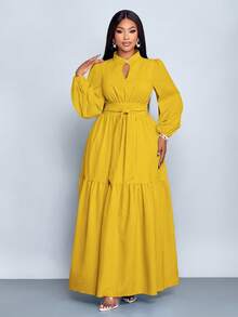 Đầm dài tay dáng chữ A ôm sát, màu trơn, cổ đứng, xẻ tà trước, cúc hình giọt nước, thiết kế cao cấp, thắt eo của SOLERSUN dành cho nữ, thanh lịch và thoải mái, thời trang công sở, kiểu dáng mới, mặc hàng ngày, năm mới, thu đông, hẹn hò, Giáng sinh, thời trang nữ. - Màu Mù tạt vàng - Xem 3