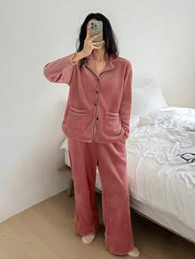 DAZY 2件套女士毛绒撞色滚边宽松开衫长袖及长裤睡衣套装，冬季 - 粉色 - 查看 10