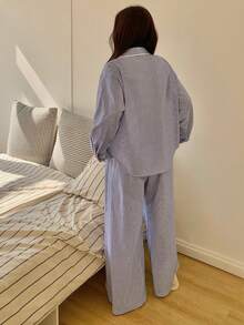 Dazy Plus Striped Color Block Loose Open Front Top And Long Pants Pajama Set, Spring/Autumn - Blue - View 5
