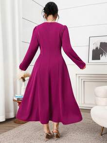 Feyla Plus Size Women's Solid Color Round Neck Long Sleeve Bow Decor Elegant Dress - Burgundy - View 8