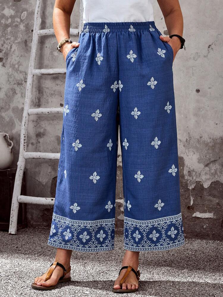 Plus Size Women's Summer Casual Vacation Country Floral Print Casual Pants With Pockets, Suitable For Summer And Autumn/Vacation,Summer Holiday,Spring Break, Vacation Women, Holiday For Women,Going Out,2026 New,Simple And Fashionable For Everyday Wear, Wide Leg Summer Pants, Boho Pants For Women,Suitable For Summer, Vacation,Daily Wear,Blue Pants,Beach For Women