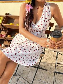 SHEIN 复古田园樱桃印花V领女式连衣裙，非常适合度假，清新甜美，适合日常通勤、聚会或作为礼物送给朋友。 - 彩色 - 查看 6