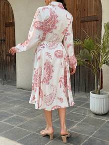 Vivie Lora Women's Patterned Allover Print Collared Waist-Cinched Mid-Length Dress Sundress Vacation - Baby Pink - View 5