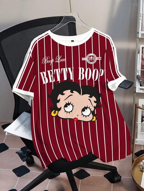 Betty Boop x SHEIN Áo thun tay ngắn cổ tròn họa tiết hoạt hình kẻ sọc dáng rộng, cỡ lớn, mùa hè.